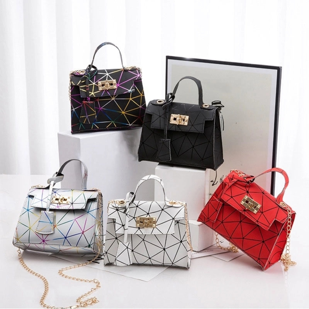 Geometric Pattern Handbag - Black, Red, White, Silver